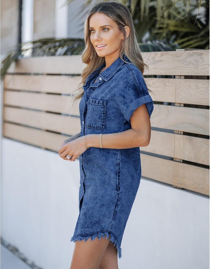 luvamia Denim Dress for Women Button Down Short Sleeves Casual Summer Jean Shirt Dresses with Pockets Frayed Hem – Bild 6