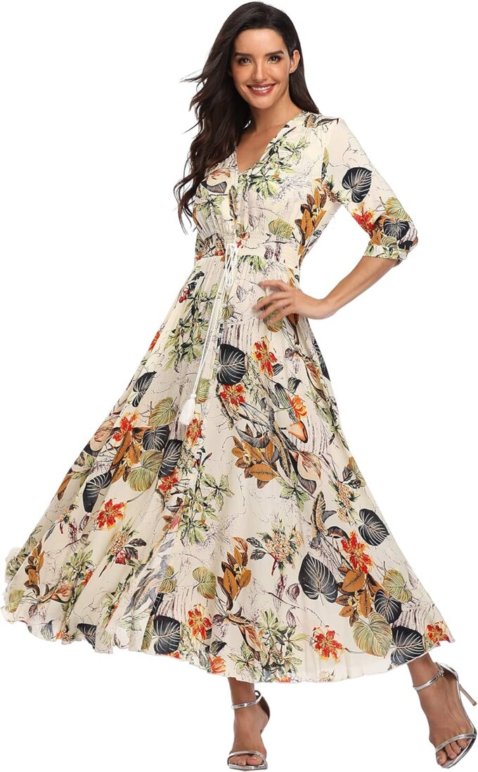 Summer Floral Print Maxi Dress Women Button Up Split Long Flowy Bohemian Beach Party Dresses – Bild 4