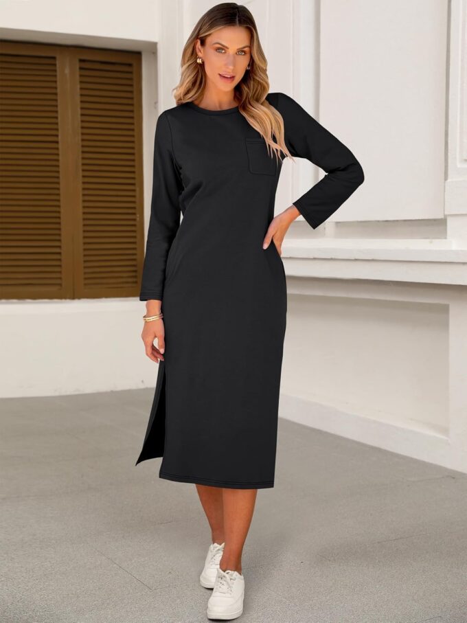 ANRABESS Women 3/4 Long Sleeve Crewneck Striped Casual Slit T Shirt Midi Dresses with Pockets Spring Fall Fashion – Bild 3