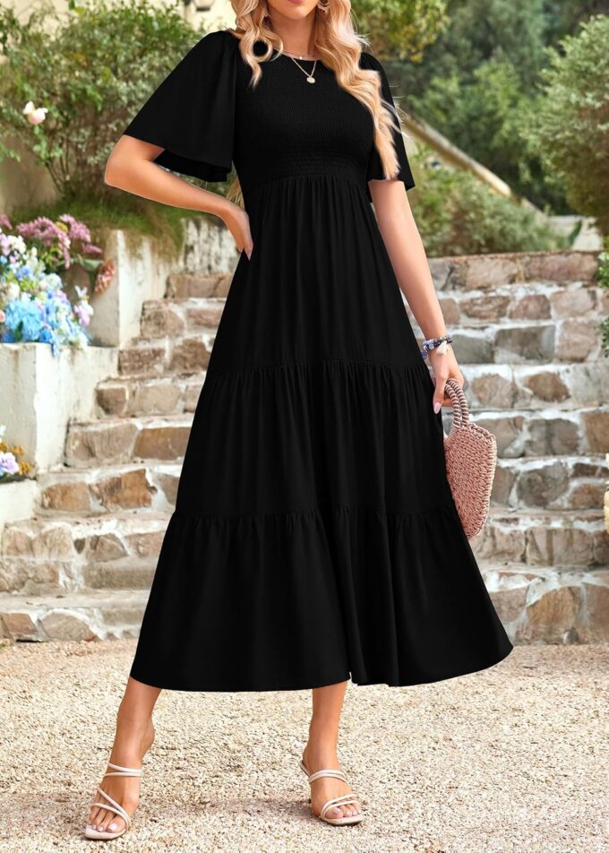 KIRUNDO Womens Fashion 2025 Spring Summer Casual Flutter Short Sleeve Midi Dress Smocked Tiered Aline Going Out Dresses – Bild 4