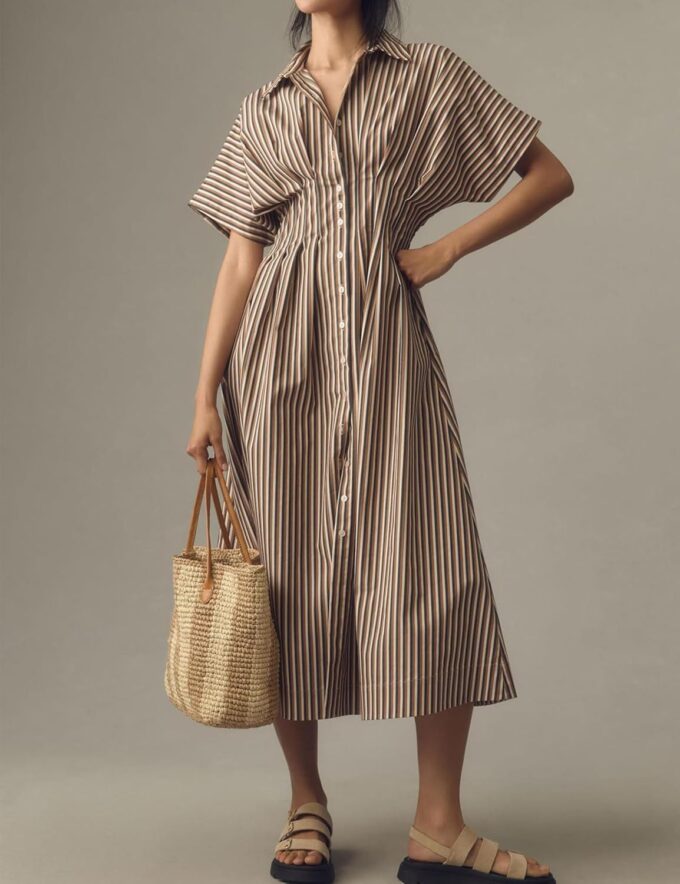 Women Casual Striped Button Down Pleated Shirt Maxi Dress Summer Lapel V Neck Short Sleeve Empire Waist Long Dress – Bild 2