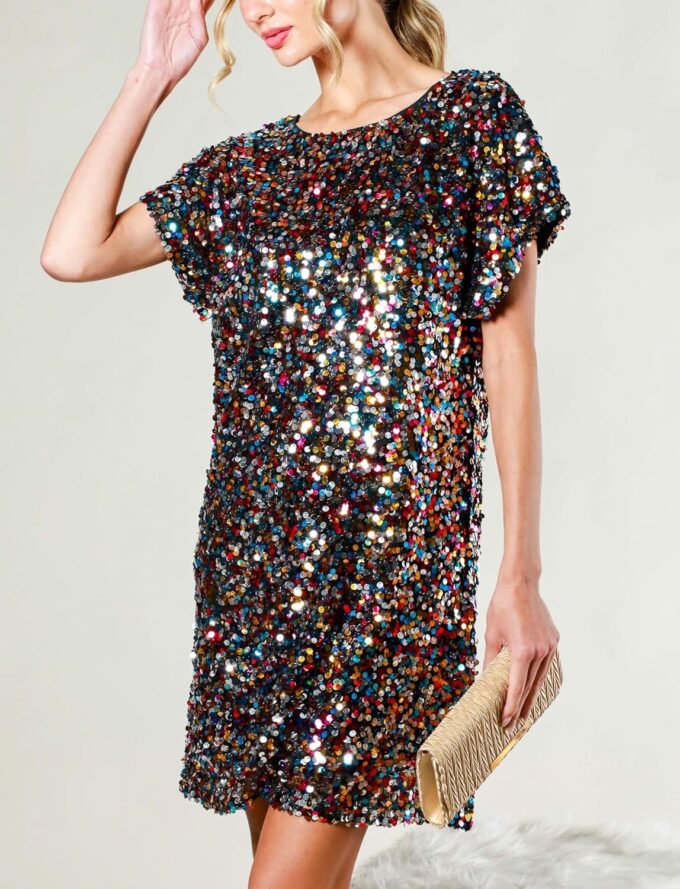 Women's Crewneck Sequin Shift Dress Short Sleeve Casual Holiday Sparkly Party Dress – Bild 2