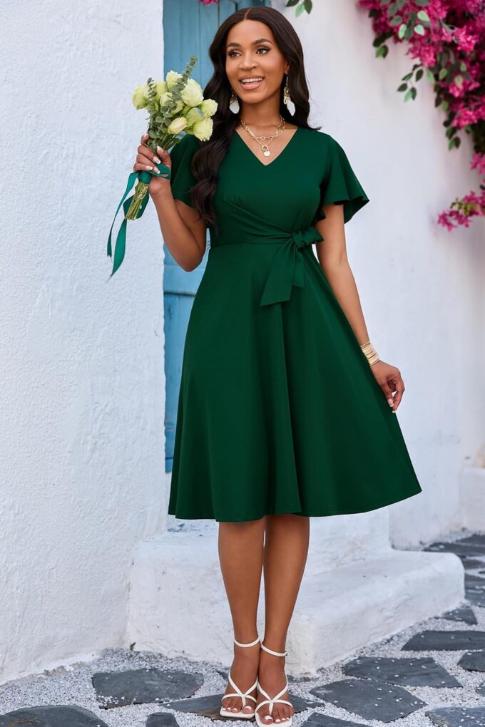 FANDEE Women's Casual Midi Dress Wedding Guest Dresses for Chuch Cocktail Ruffle Short Sleeve A-Line V Neck with Belt – Bild 3