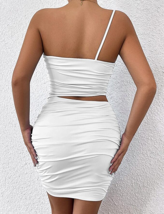 Womens One Shoulder Ruched Cutout Sleeveless Bodycon Dresses Slant Shoulder Stretch Cocktail Party Mini Dresses – Bild 5