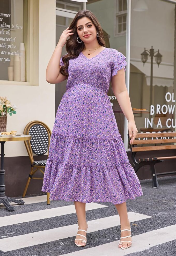 Keluummi Plus Size Summer Maxi Wedding Guest Dress for Curvy Women, Boho A Line Long Sundress, Flutter Sleeve, Pocket – Bild 2
