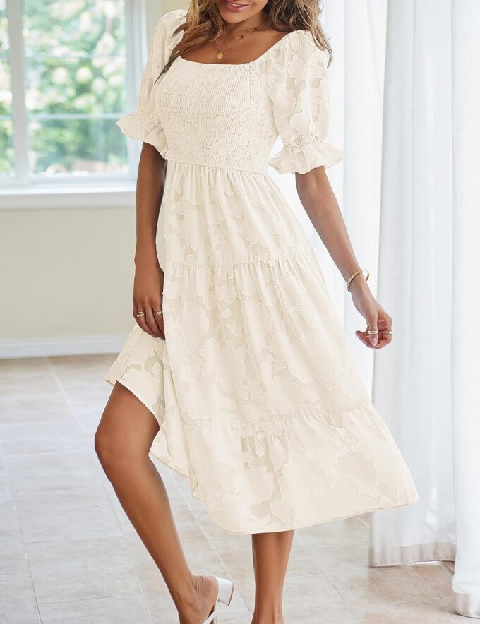 MEROKEETY Womens 2025 Summer Short Puff Sleeve Smocked Square Neck Floral Textured Tiered Midi Dress – Bild 4