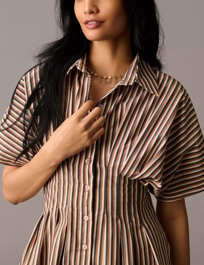 Women Casual Striped Button Down Pleated Shirt Maxi Dress Summer Lapel V Neck Short Sleeve Empire Waist Long Dress – Bild 5