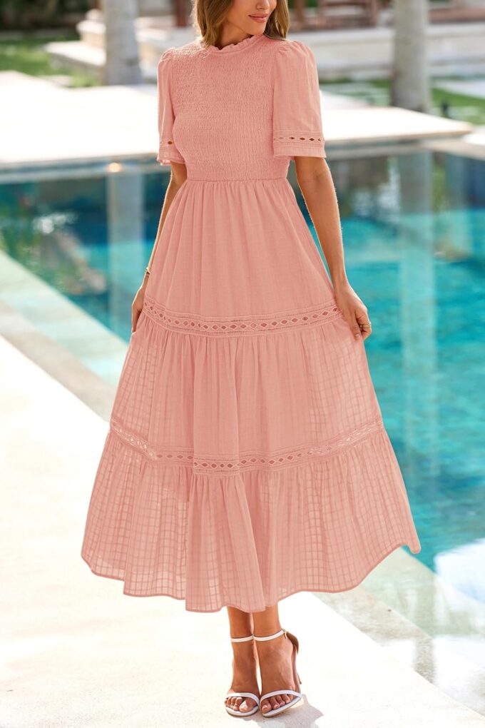 dowerme Summer Dresses for Women 2025 Casual Boho Hollow Out Short Sleeve Ruffle Mock Neck Smocked Maxi Gingham Sundress – Bild 6