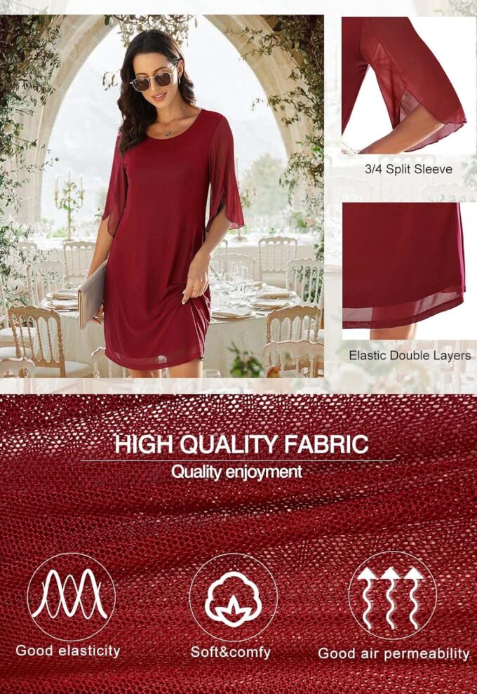 Women's Casual Loose 3/4 Sleeve Stretch Mesh Wedding Guest Dress Scoop Neck Cocktail Party Formal Dresses – Bild 5