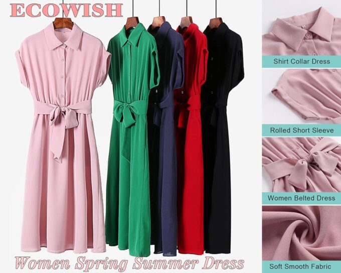 ECOWISH Womens Casual Midi Dresses Solid V Neck Short Sleeve Button Shirt Belted Dress with Pockets for Spring Summer 2025 – Bild 4