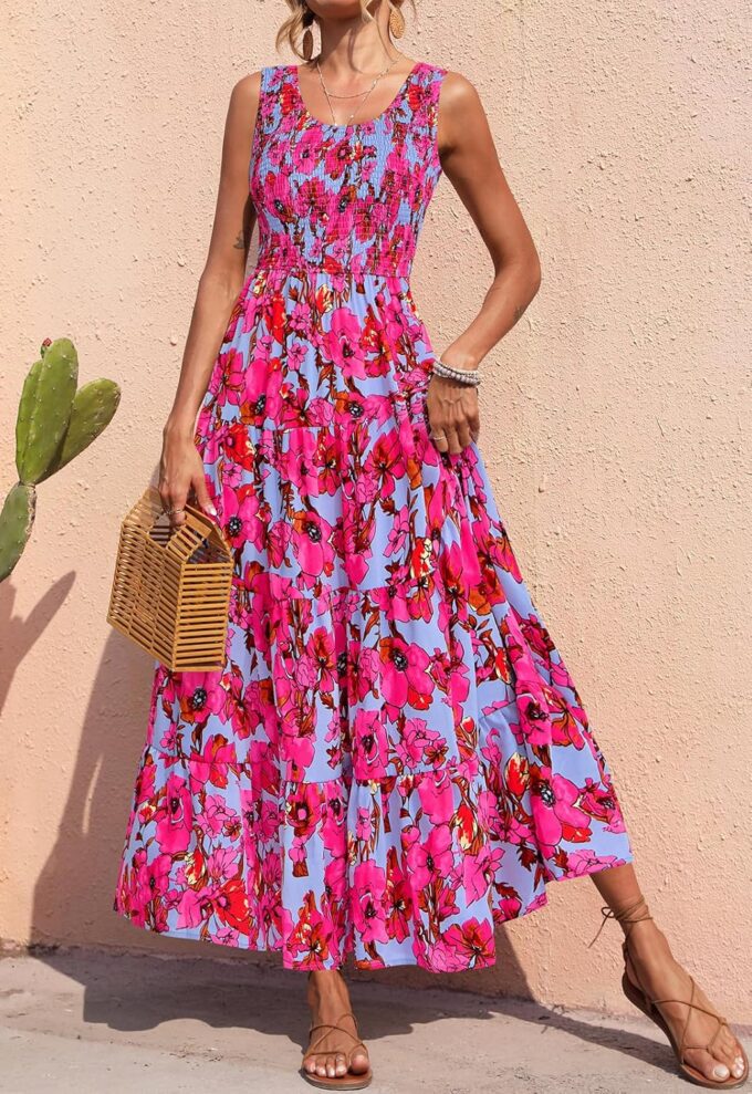 PRETTYGARDEN Smocked Tank Floral Maxi Dresses for Women 2025 Wedding Guest Dress Sleeveless Flowy Long Sundress with Pockets – Bild 4