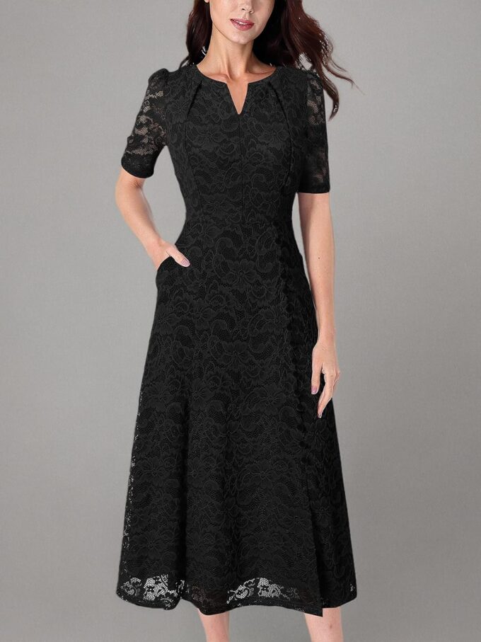VFSHOW Women Pleated Notch V Neck Pockets Buttons Work Office Business A-Line Midi Dress – Bild 7