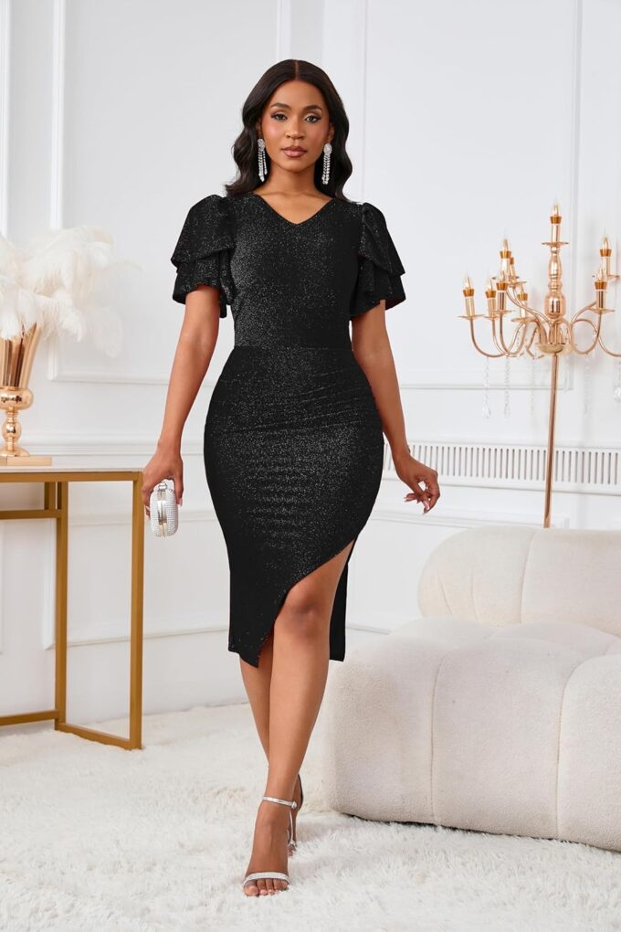 Women's Elegant Ruched Dress Ruffle Short Sleeve V Neck Bodycon Cocktail Party Formal Dress Split Hem Midi Dress – Bild 7