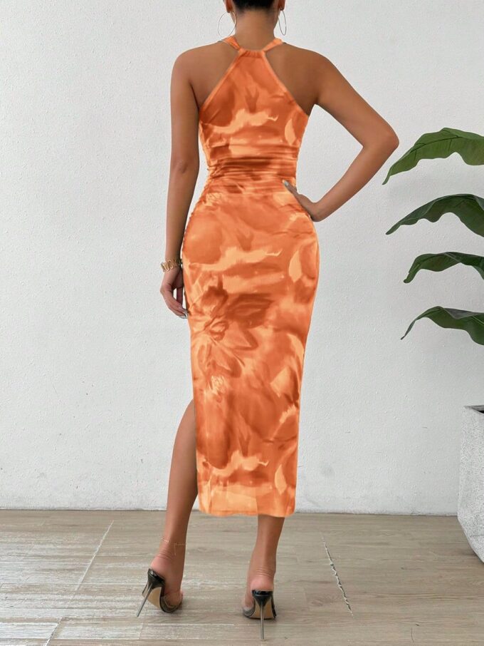 Women's Summer Printed Midi Halter Dress Tie Dye Bodycon Ruched Side Slit Mesh Layered – Bild 2