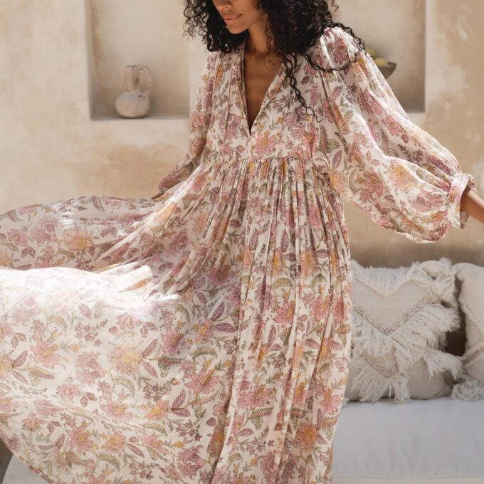 Women Floral Maxi Dress,y2k Boho Printed 3/4 Lantern Sleeve V Neck Dress Beach Loose Swing Sundress Clubwear – Bild 2
