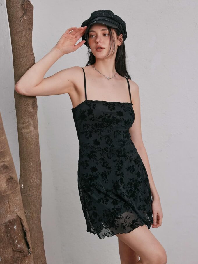 CIDER Women's Summer Mini Dress Floral Dresses Sleeveless Lace Mesh Square Neck Spaghetti Strap Short Party Dresses – Bild 3