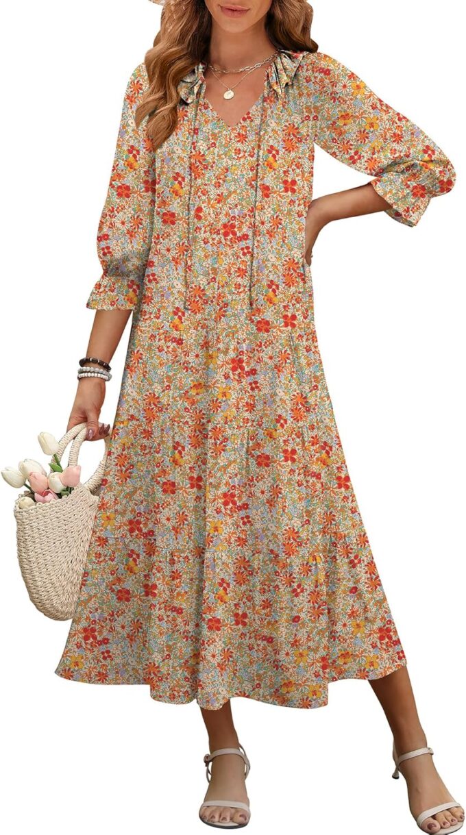 ANRABESS Women's Boho Maxi Dresses 2025 Summer Casual V Neck Puff Sleeve Floral Tiered Flowy Swing Beach Vacation Long Dress