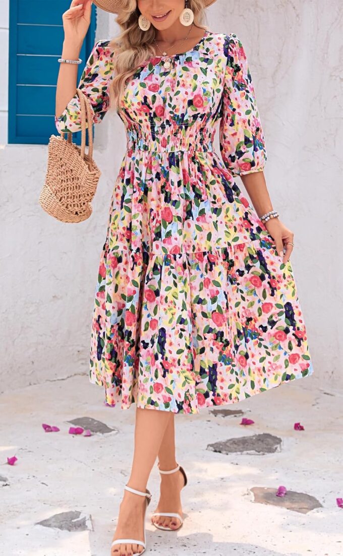 Kormei Women Casual Boho Floral Round Neck 3/4 Sleeve Smocked Waist Tiered A Line Flowy Swing Midi Dress Long Dresses – Bild 3