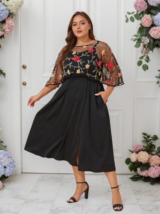 ZNU Women Plus Size Formal Party Wedding Guest Cocktail Dress 2025 - Floral Embroidered Shawl Evening Dress with Pockets – Bild 3