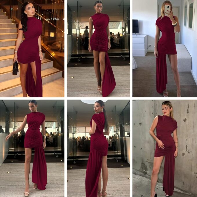 JUMISEE Women’s Elegant Irregular Ruched Mini Dress Flowy Ribbon Bodycon Cocktail Dress Sexy Pleated Formal Dresses – Bild 5