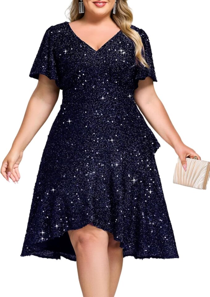 Ever-Pretty Plus Women's V Neck Short Sleeves A-line High Low Sequin Plus Size Formal Wedding Guest Dresses