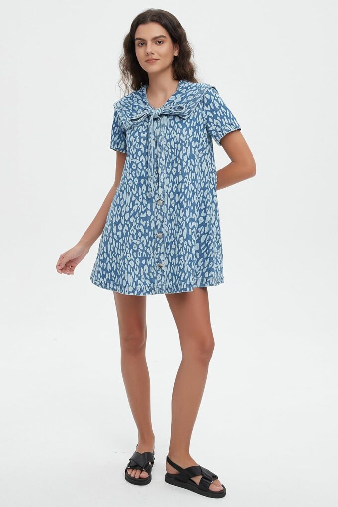 D-Sun Women's Denim Mini Dress Summer Short Sleeves Leopard Print Denim Babydoll Dress Navy Collar A-Line Jean Dresses – Bild 7