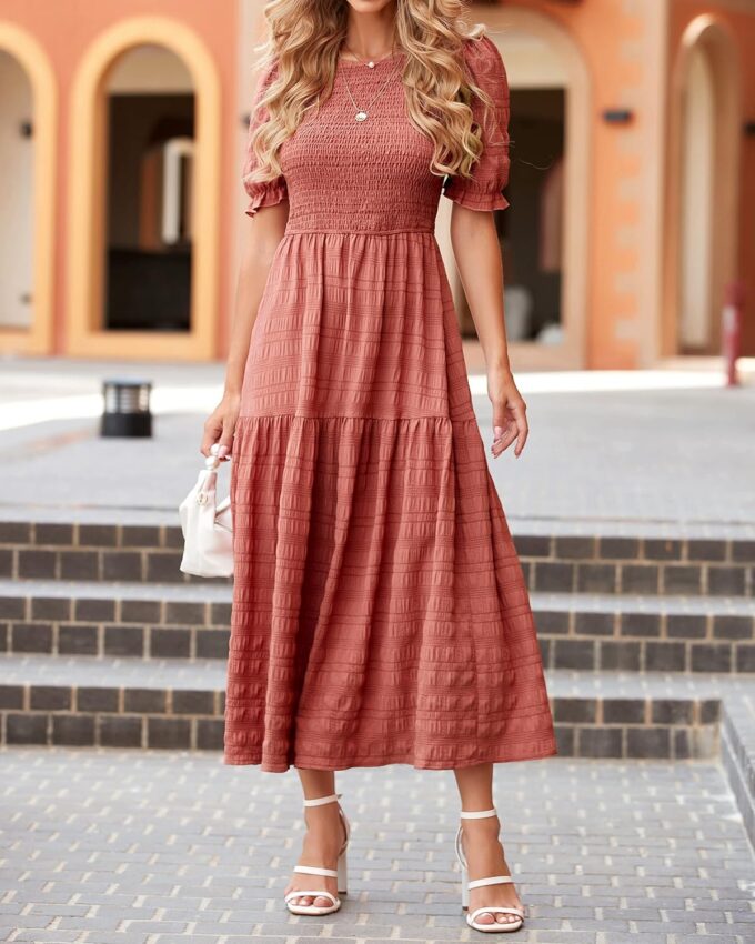 dowerme Womens Summer Dresses 2025 Casual Puff Short Sleeve Crewneck Smocked Flowy Ruffle Boho Beach Party Maxi Sundress – Bild 2