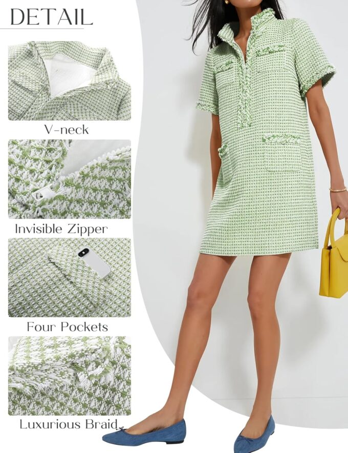 COZYPOIN Womens Tweed Mini Dress Elegant Front Half Zipper Short Sleeve Casual Work Straight Tube Dress with Pockets – Bild 5