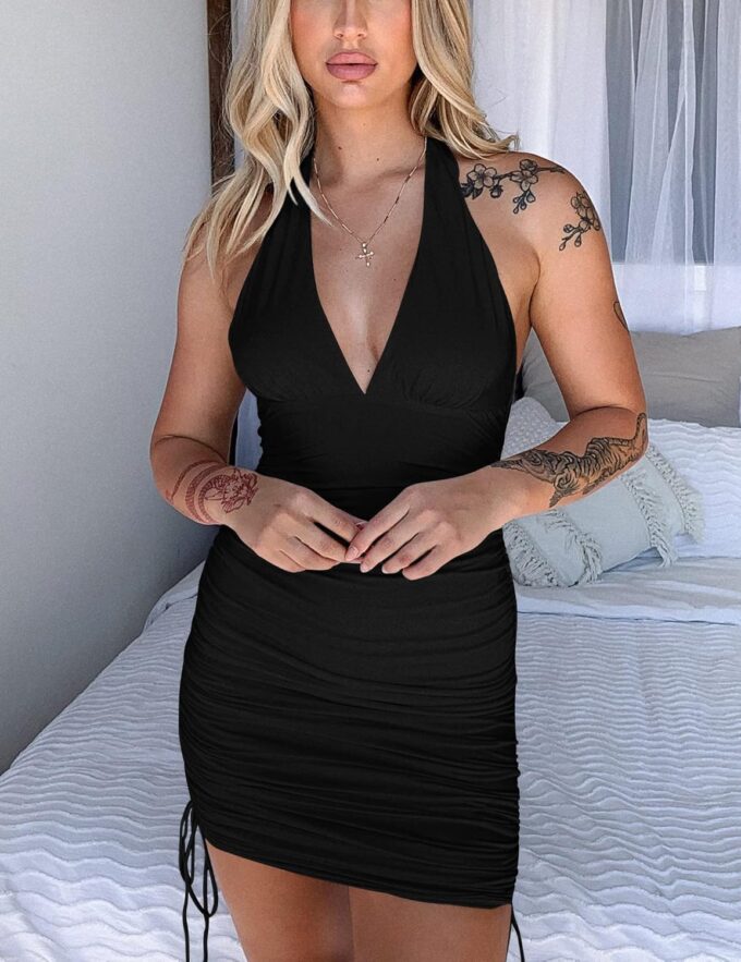 HOCILLE Women's Sexy Halter Bodycon V Neck Backless Ruched Drawstring Mini Club Party Dresses – Bild 5