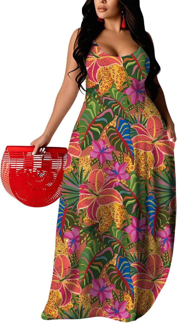 UOUA Hawaiian Dresses Women Plus Size Luau Party Sundress Summer Maxi Tropical Boho Beach Dress