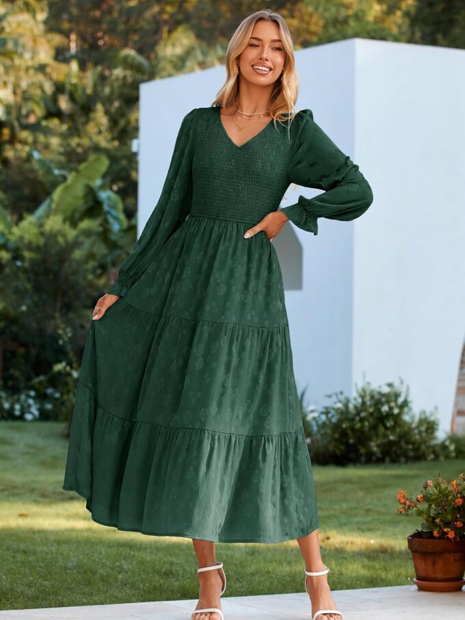 Simplee Womens Long Sleeve Smocked Maxi Dress Tiered V Neck Flowy Fall Wedding Guest Long Dresses with Pockets – Bild 5