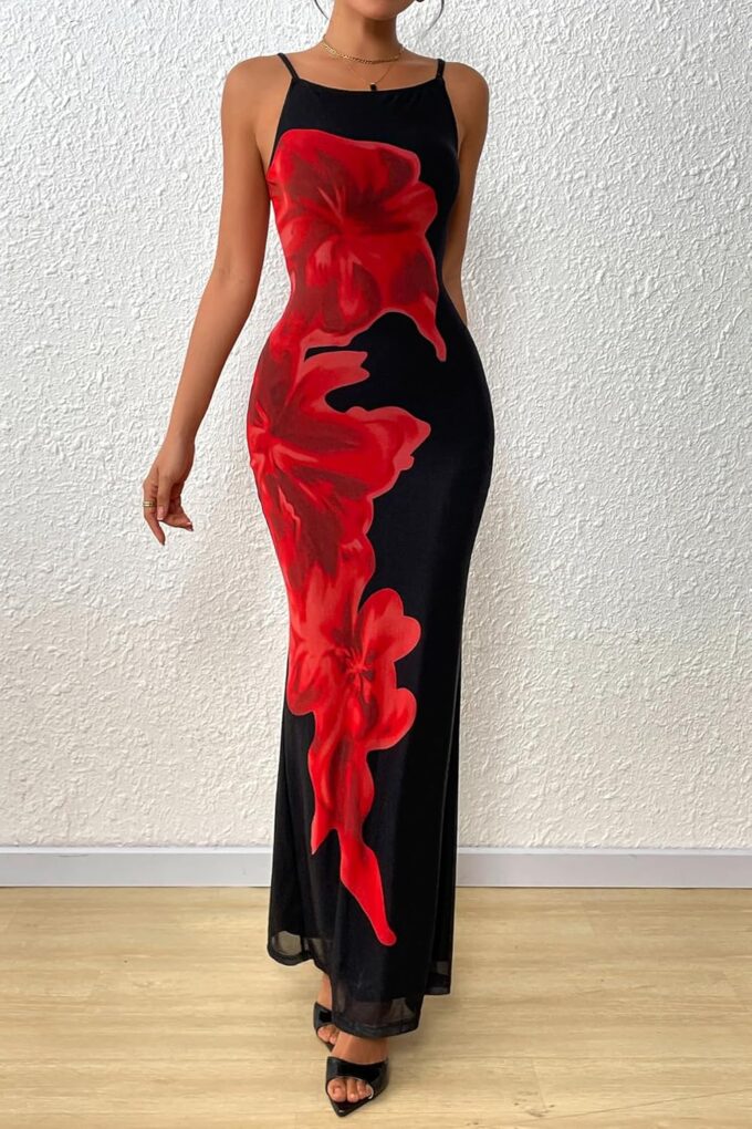 PRETTYGARDEN Womens Summer Dresses 2025 Elegant Spaghetti Straps Evening Gown Floral Print Bodycon Maxi Mesh Sundress – Bild 7