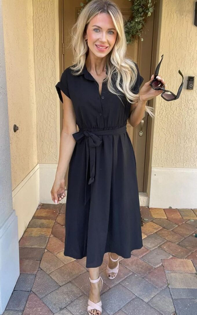 ECOWISH Womens Casual Midi Dresses Solid V Neck Short Sleeve Button Shirt Belted Dress with Pockets for Spring Summer 2025 – Bild 3