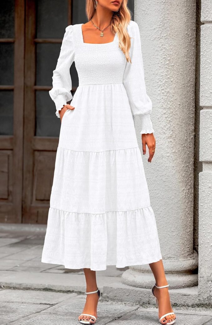 KIRUNDO Women Fall Wedding Guest Maxi Dress Elegant Puff Long Sleeve Summer Smocked Empire Waist Swing Flowy Long Dresses – Bild 4
