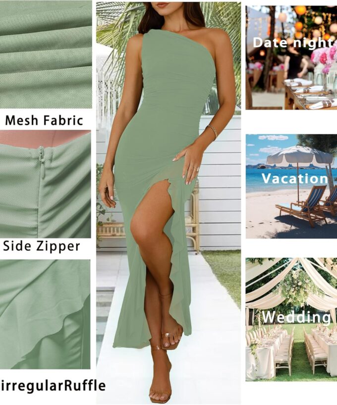 Women's Summer Dresses Bodycon Sexy One Shoulder Side Slit Ruffles Elegant Prom Cocktail Wedding Guest Mesh Maxi Dress – Bild 2