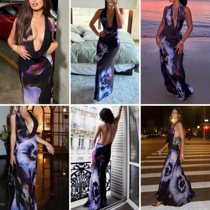 Women's Sexy Purple Print Backless Maxi Dress Elegant Sleeveless Draped Cowl Neck Bodycon Summer Beach Cocktail Party Dress – Bild 6