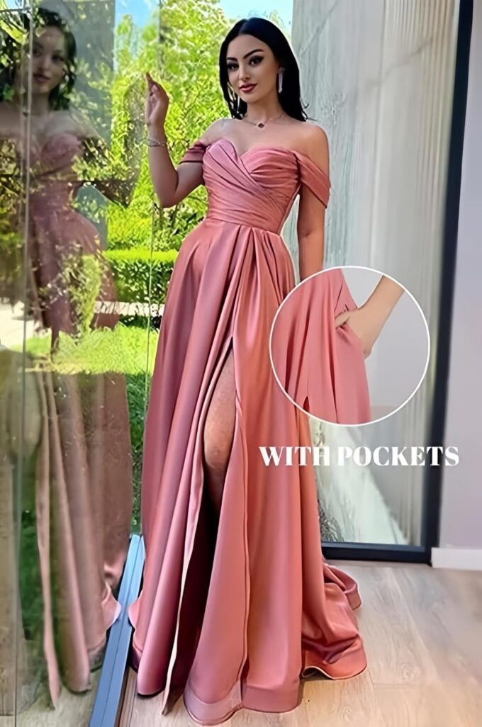 Women's Off The Shoulder Bridesmaid Dresses with Slit Satin Formal Gowns Long Prom Evening Party Dress with Pockets – Bild 5