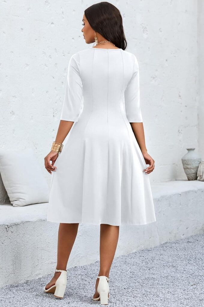 CLOCOR Casual Midi Dresses for Women A-Line Fit and Flare Elegant Church 3/4 Sleeve Crew Neck Dress with Pocket – Bild 5