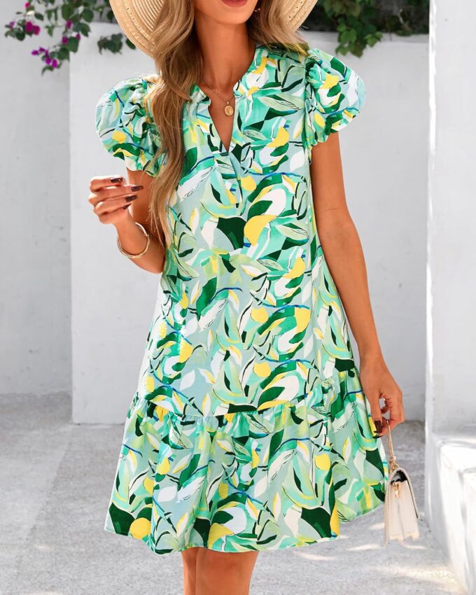 dowerme Womens Summer Dresses 2025 Puffy Sleeve V Neck Loose Floral Print A Line Boho Mini Babydoll Dress with Pockets – Bild 8