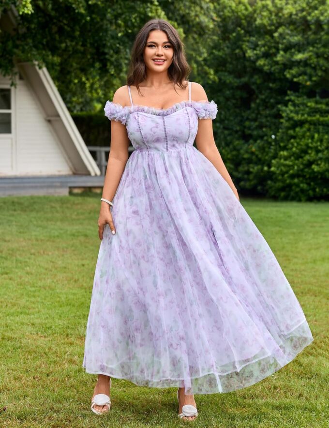 Floral Garden Dresses for Women 2025 Elegant Classy Tulle A Line Maxi Sundresses Sleeveless Smocked Off Shoulder Dress – Bild 6