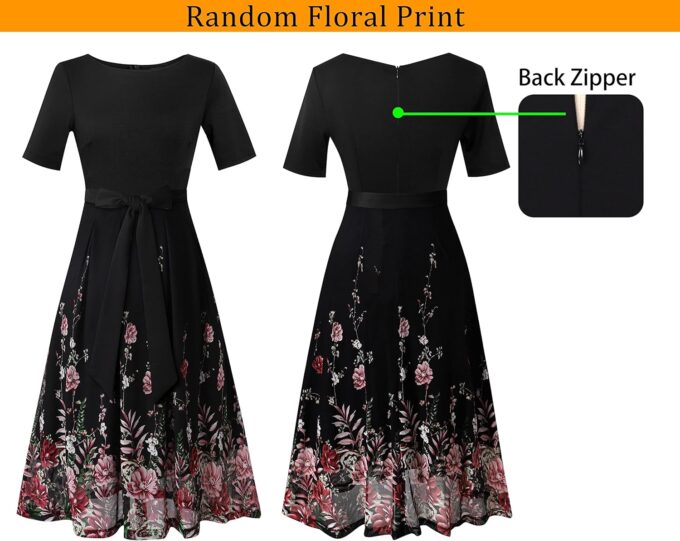 VFSHOW Womens Elegant Patchwork Pockets Pleated Work Office Business Casual Party Belted A-Line Midi Dress – Bild 4