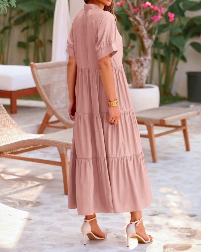 dowerme Women's Summer Dresses 2025 Casual Short Sleeve Button Loose Fit Pleated Boho Flowy Swing Long Beach Sun Dress – Bild 5