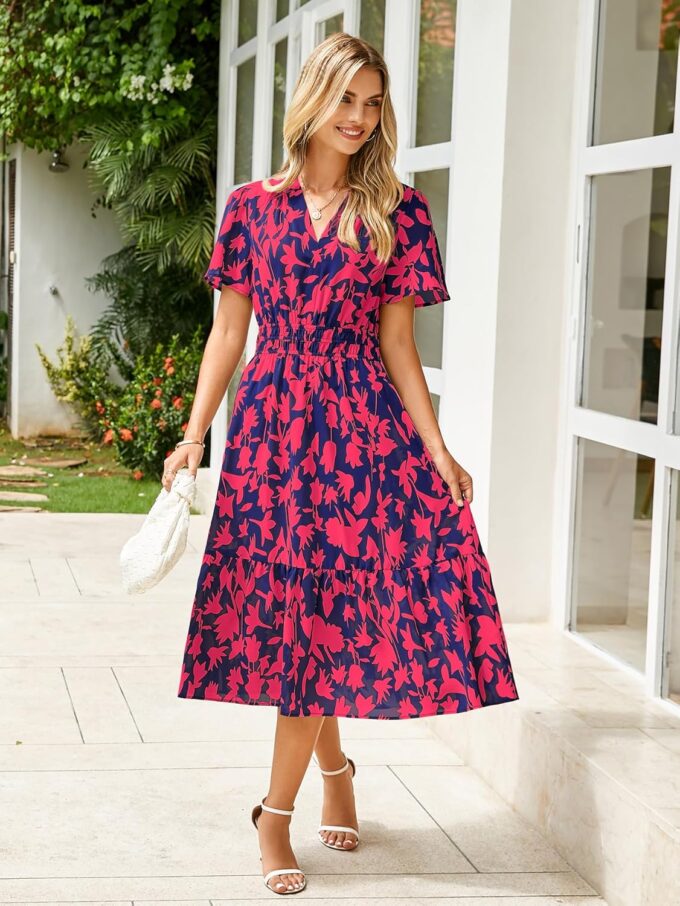 BerryGo Women's Floral Summer Short Sleeve Midi Dress V Neck Empire Waist Swing Flowy Boho Dress – Bild 7
