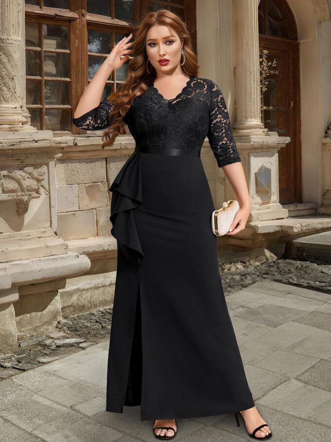 Miusol Women's Plus Size Vintage Formal Floral Lace Ruffle Slit V Neck Evening Party Elegant Maxi Dress – Bild 4
