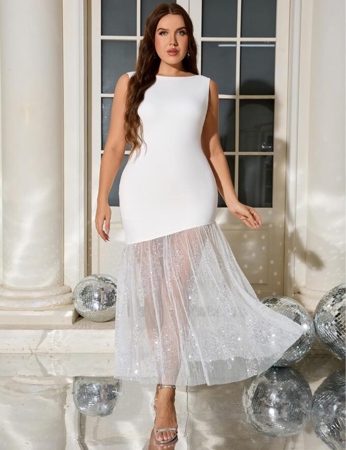 Plus Size Wedding Guest Dress Summer Sleeveless Cocktail Formal Gown Sequin Sheer Mesh Embellished Mermaid Maxi Dress – Bild 2