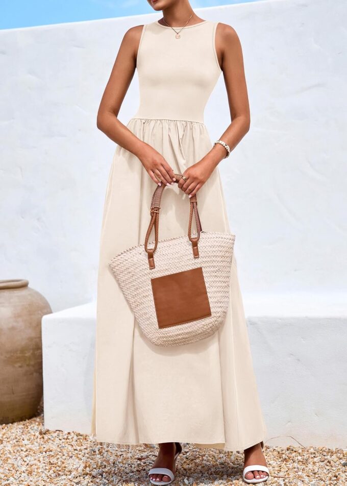 KIRUNDO Sleeveless Maxi Dresses for Women 2025 Spring Summer Mixed Fabric Pocketed Elegant Wedding Guest Flowy Tank Dress – Bild 3