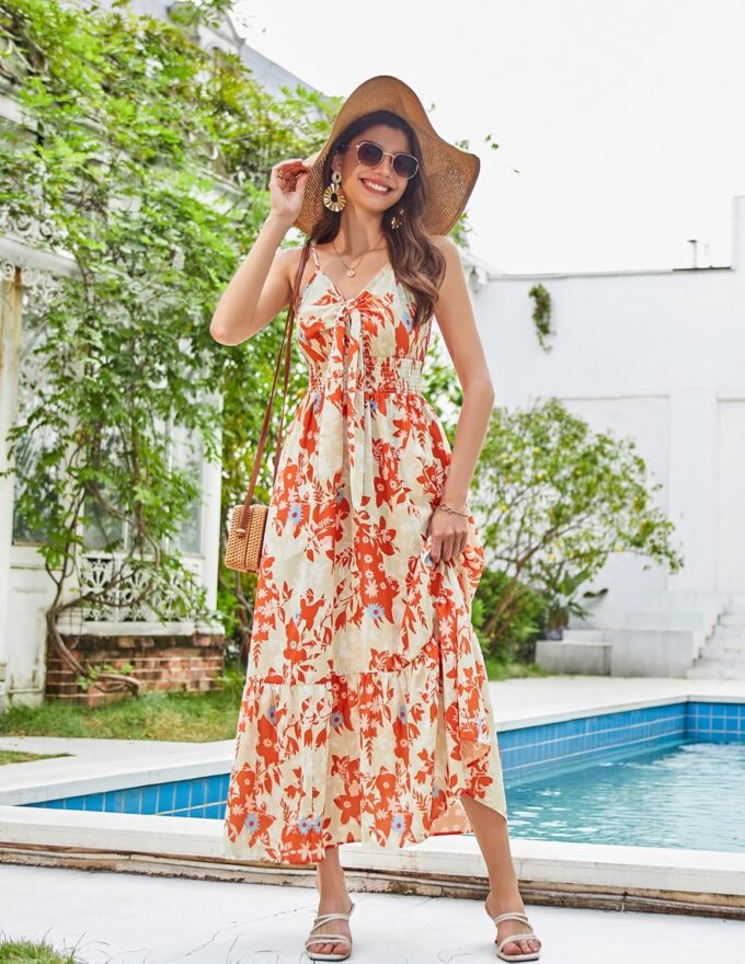GRACE KARIN Women's 2025 Summer Maxi Dress Floral Tie Front Spaghetti Strap Casual Boho Beach Flowy Sundress with Pockets – Bild 4