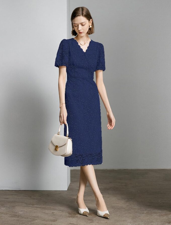 Women's Lace Floral V-Neck Dress with Puff Sleeves and Back Zipper, Elegant and Romantic Design – Bild 3