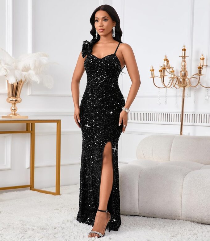 Cololura Women Sexy Elegant Sequin High Split Ruffled Hem Mermaid Party Cocktail Bodycon Formal Evening Gowns Maxi Dress – Bild 5