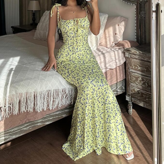 Women Backless Maxi Dress Sexy Sleeveless Spaghetti Strap Floral Bodycon Maxi Dress Cocktail Party Long Dress – Bild 5